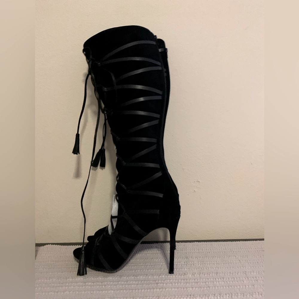 NWT Vince Camuto Black Suede OpenToe Stiletto LaceUpTall Boot Leather Laces 9.5